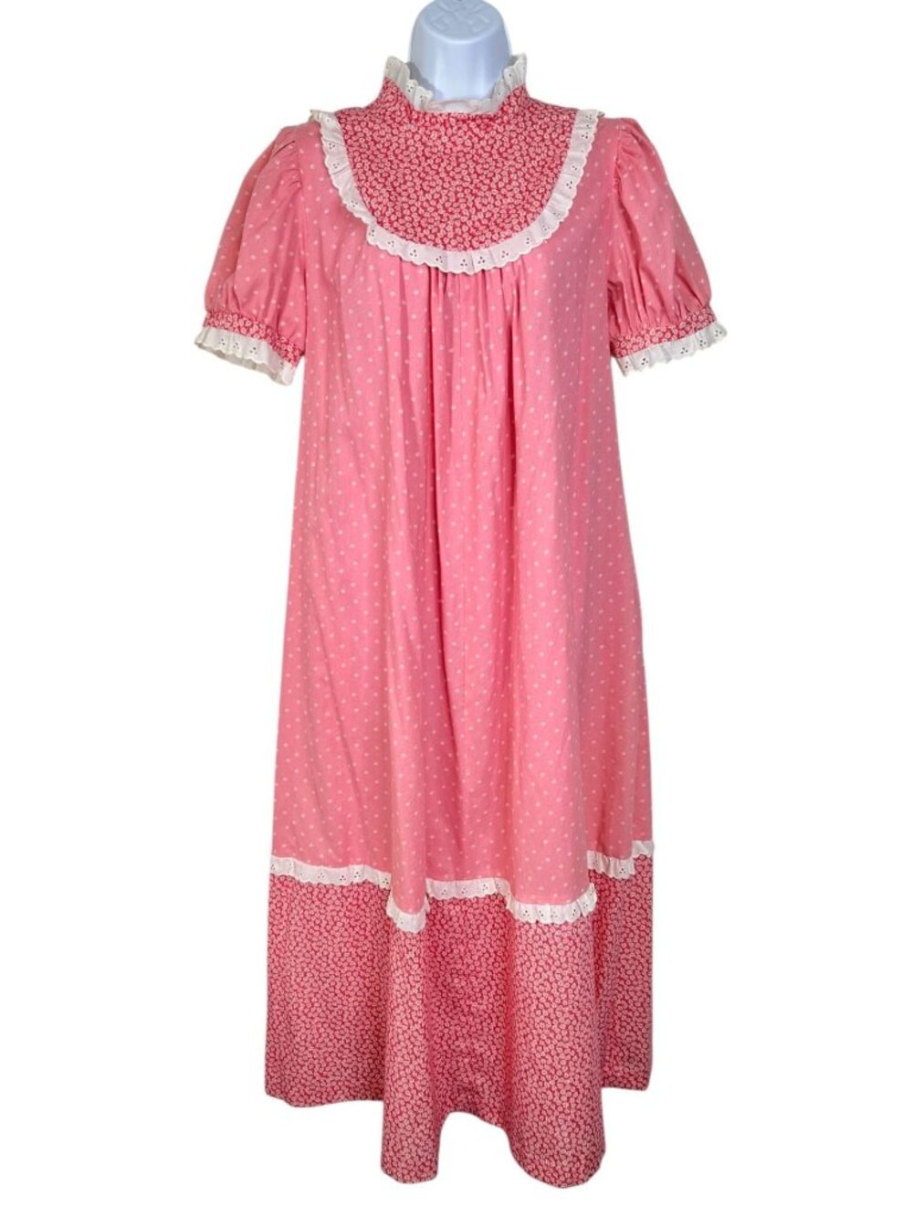 Vintage 70s Sweethearts Hawaii Cottagecore Dress Red Pink Mixed Print Medium
